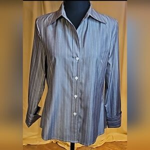 VTG Tracy M. 100% Silk Gray Button Blouse With White Pinstripes 3/4 Inch Sleeves